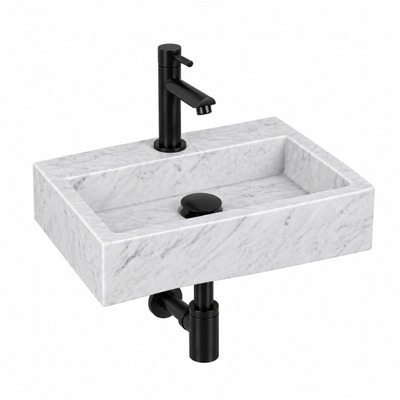 Fortifura Fuente fonteinset – rechthoekig – 38x24x8 cm – marmer wit – mat zwarte kraan