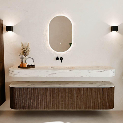 MONDIAZ THOR-DLUX 190cm meuble de salle de bains arrondi gauche + droite couleur Walnut avec 2 tiroirs et 2 portes. Vasque suspendue CLOUD Centre sans trou de robinet couleur Nata.