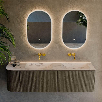 MONDIAZ KURVE-DLUX Meuble de salle de bains 155 cm arrondi à gauche couleur Shadow avec 2 tiroirs et 1 porte. Lavabo LEAF Double / à droite sans trou de robinet Nata.