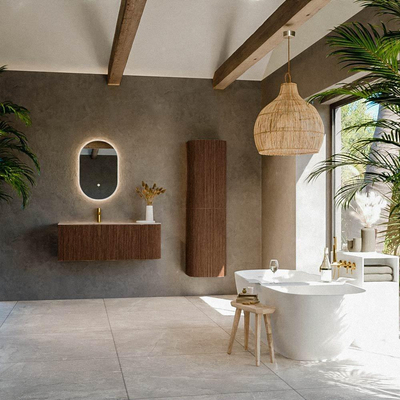 MONDIAZ KURVE-DLUX Meuble de salle de bains 115cm arrondi à droite couleur Walnut avec 1 tiroir et 1 porte. Lavabo BIG SMALL à gauche 1 trou de robinet Arena.