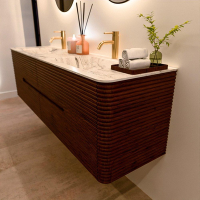 Mondiaz CIRO-DLUX Badkamermeubelset - 170x45x50cm - Solid surface wastafel Glace - 2 wasbak Dubbel - 2 kraangaten - 4 lades - Ruby