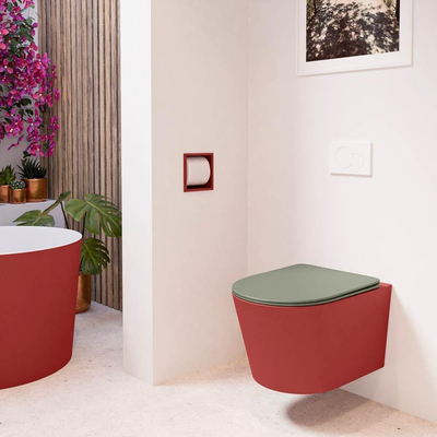 Mondiaz LAVIE hangtoilet – spoelrandloos – 36 x 53 cm – met softclose zitting – Fire (rood), zitting Army (groen)