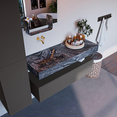 Mondiaz ALAN-DLUX Ensemble de meuble - 120cm - meuble Dark grey mat - 1 tiroir - Lavabo Cloud Lava suspendu - vasque Gauche - 0 trous de robinet