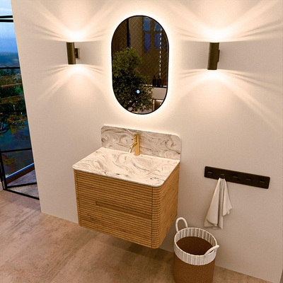 Mondiaz CIRO-DLUX Ensemble de meubles de salle de bains - 70x45x50cm - lavabo solid surface Glace - 1 vasque au milieu - 1 trou de robinet - 2 tiroirs - Chêne