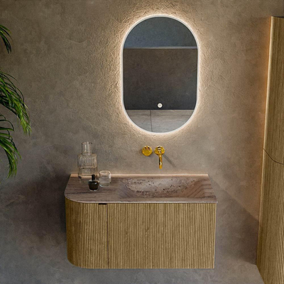 MONDIAZ KURVE-DLUX 85cm badmeubel ronding Links kleur Dusk met 1 lade en 1 deur. Wastafel CLOUD Rechts zonder kraangat Oza.