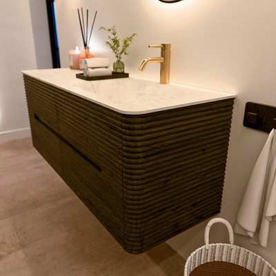 Mondiaz CIRO-DLUX Badkamermeubelset - 130x45x50cm - Solid surface wastafel Opalo - 1 wasbak Rechts - 1 kraangat - 4 lades - Shadow