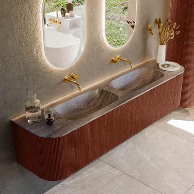 MONDIAZ KURVE-DLUX Meuble de salle de bains 190cm arrondi Gauche + Droite couleur Ruby avec 2 tiroirs et 2 portes. Plan-vasque STOR SMALL Double sans trou de robinet Oza.