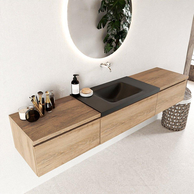 Mondiaz bukla ensemble de meubles de bain 200x45x34cm 0 robinetterie lavabo moyen surface solide urbaine sans poignée 3 tiroirs avec fermeture douce mélamine chêne lavé