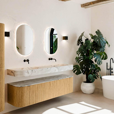 MONDIAZ THOR-DLUX Meuble de salle de bains - 170cm - arrondi gauche + droite - couleur Oak - 1 tiroir - 2 portes - Vasque suspendue CLOUD Double sans trou de robinet - couleur Glace