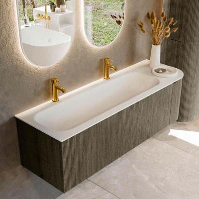 Mondiaz KURVE Ensemble de meuble salle de bain - 145x46x40cm - 1 tiroir - 1 porte - lavabo en solid surface - gauche - 2 trous de robinet - Shadow