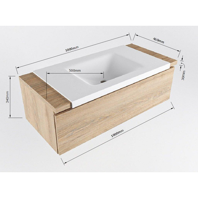 Mondiaz BUKLA Ensemble de meuble - 100x45x34cm - 0 trous de robinet - lavabo centré - solid surface - Talc - sans poignée - 1 tiroir - Mélamine - Chêne blanchi