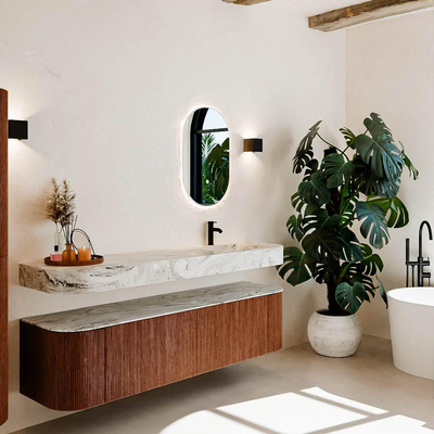 MONDIAZ THOR-DLUX 180cm meuble de salle de bains arrondi gauche + droite couleur Ruby avec 2 tiroirs et 2 portes. Vasque suspendue CLOUD Droite 1 trou de robinet couleur Glace.