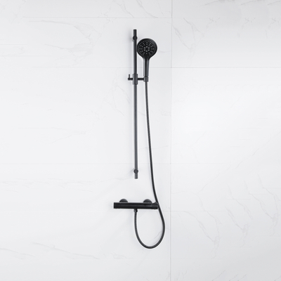FortiFura Calvi Ensemble de douche barre curseur avec douchette ronde, flexible en métal et robinet de douche Noir mat