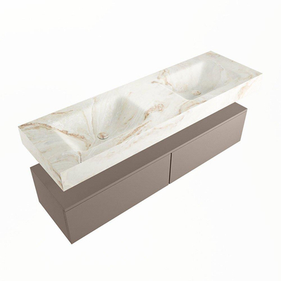 Mondiaz ALAN-DLUX Ensemble de meuble - 150cm - meuble Smoke mat - 2 tiroirs - Lavabo Cloud Frappe suspendu - vasque Gauche et droite - 0 trous de robinet
