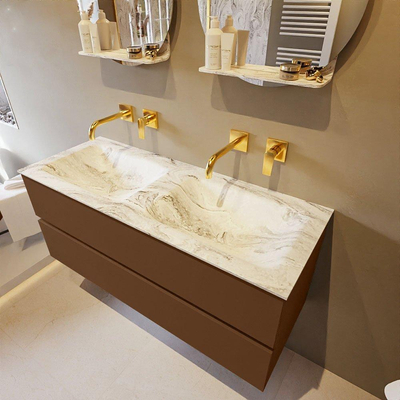 Mondiaz VICA-DLUX ensemble de meuble de salle de bain - 120cm - meuble sous-vasque reposant - 2 tiroirs - lavabo encastré cloud double - sans trous de robinet - miroir modèle spot - version XL 60cm de haut - glace