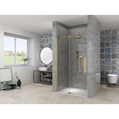 Van Rijn Products ST08 Porte pivotante pour douhe encastrée - 2 panneaux 1350-1450 x 2000 mm – Verre clair 8 mm avec traitement, profil mural en laiton mat, avec poignée et barre de stabilisation incluses.