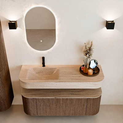 MONDIAZ THOR-DLUX 130cm badmeubel ronding links + rechts kleur Walnut met 1 lade en 2 deuren. Vrijhangende wastafel CLOUD Links 1 kraangat kleur Saba.