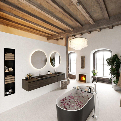 MONDIAZ BUKLA Meuble de salle de bains 200cm avec module 40 à droite couleur Dark Brown avec 4 tiroirs. Lavabo CLOUD double 2 trous de robinet couleur Urban.