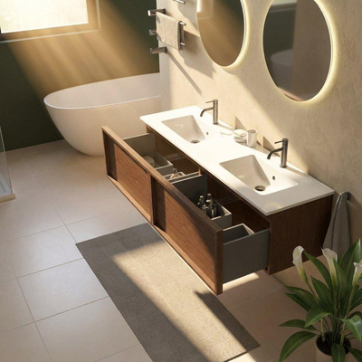 Saniclass Holz Frame Ensemble meuble de salle de bains - 160x45x42cm - Vygo lavabo en céramique blanc - 2 vasques - 2 trous de robinetterie - 2 tiroirs - mat walnut pure (bois)