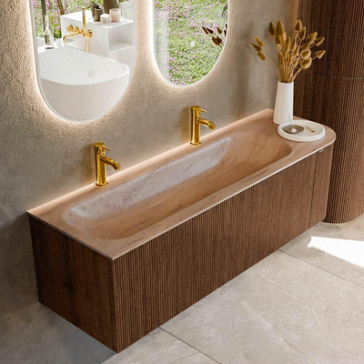 MONDIAZ KURVE-DLUX Meuble de salle de bains 145 cm arrondi à droite couleur Walnut avec 1 tiroir et 1 porte. Lavabo BIG LARGE à gauche 2 trous de robinet Saba.