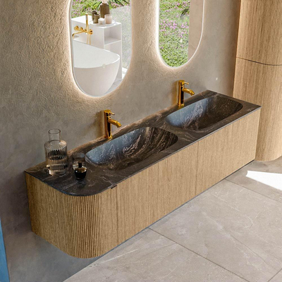 MONDIAZ KURVE-DLUX 165cm badmeubel met module 25 L kleur Oak met 2 lades en 1 deur. Wastafel STOR SMALL dubbel / rechts 2 kraangaten kleur Lava.