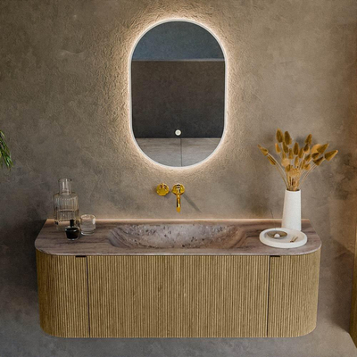 MONDIAZ KURVE-DLUX Meuble de salle de bains 130cm arrondi Gauche + Droite couleur Dusk avec 1 tiroir et 2 portes. Lavabo BIG SMALL Centre sans trou de robinet Oza.