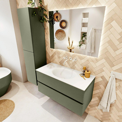 Mondiaz VICA Ensemble meuble de salle de bains - 100cm - army - 2 tiroirs - Lavabo MOON - milieu - sans trou de robinet - couleur talc - Version XL 60cm de hauteur