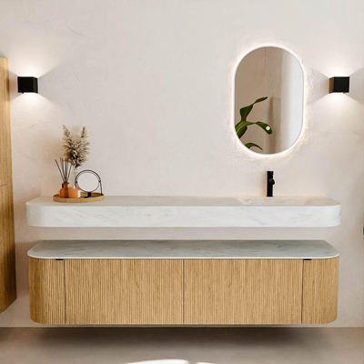 MONDIAZ THOR-DLUX Meuble de salle de bains 190cm arrondi gauche + droite couleur Oak avec 2 tiroirs et 2 portes. Vasque suspendue CLOUD Droite 1 trou de robinet couleur Opalo.