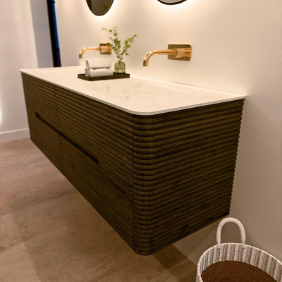 Mondiaz CIRO-DLUX Badkamermeubelset - 150x45x50cm - Solid surface wastafel Opalo - 2 wasbak Dubbel - zonder kraangaten - 4 lades - Shadow