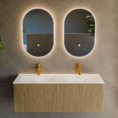 Mondiaz KURVE-DLUX Ensemble de meuble de salle de bains - 120x46x40cm - 1 tiroir - vasque solid surface - double - 2 trous de robinet - Dusk