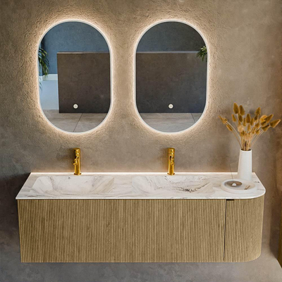 Mondiaz KURVE-DLUX Ensemble de meuble - 145x46x40cm - 1 tiroir - 1 porte - lavabo en solid surface - double / gauche - 2 trous de robinet - Dusk