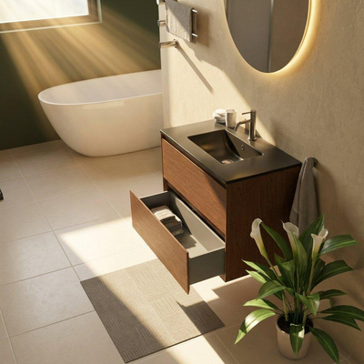 Saniclass Holz Pure Ensemble meuble de salle de bains - 80x45x62cm - Vasque Vygo en céramique noire - 1 vasque - 1 trou de robinet - 2 tiroirs - walnut pure mat (bois)
