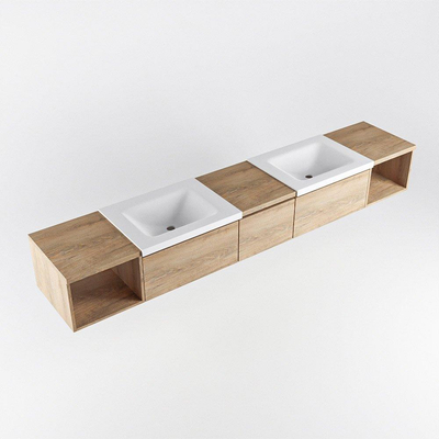 MONDIAZ BUKLA 240cm badmeubel met open module 40 L+R kleur Washed Oak met 3 lades. Wastafel CLOUD dubbel 2 kraangaten kleur Talc.