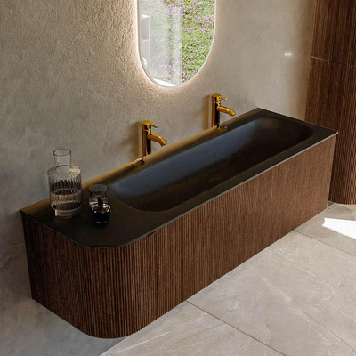 MONDIAZ KURVE 145cm badmeubel met module 25 L kleur Walnut met 1 lade en 1 deur. Wastafel BIG LARGE rechts 2 kraangaten Urban.