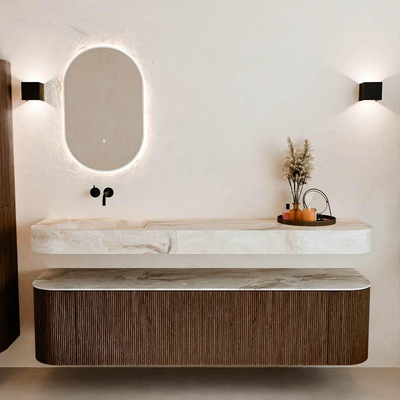 MONDIAZ THOR-DLUX 180cm meuble de salle de bains arrondi gauche + droite couleur Walnut avec 2 tiroirs et 2 portes. Vasque suspendue CLOUD gauche sans trou de robinet couleur Frappe.