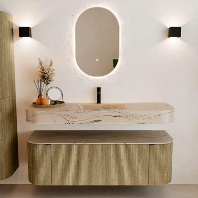 MONDIAZ THOR-DLUX 140cm meuble de salle de bains arrondi gauche + droite couleur Dusk avec 1 tiroir et 2 portes. Vasque suspendue CLOUD Milieu 1 trou de robinet couleur Arena.