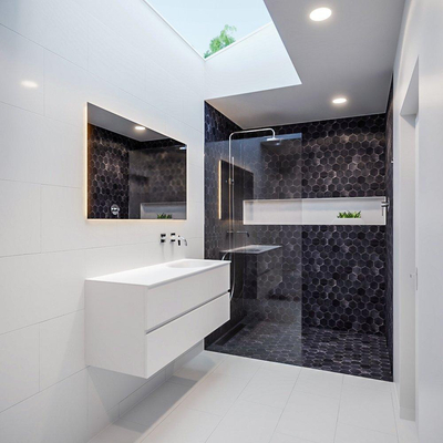 ENSEMBLE DE MEUBLE MONDIAZ VICA - 120cm - 2 tiroirs - lavabo Moon à droite - 0 trous de robinet - solid surface talc