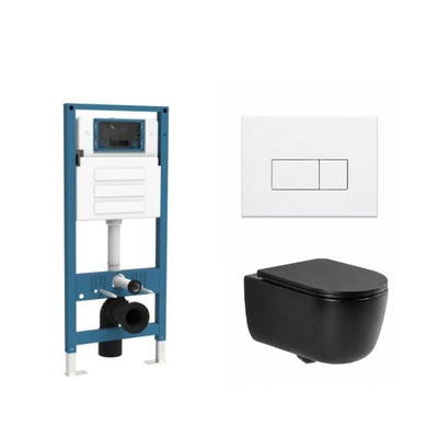 QeramiQ Dely Swirl Ensemble WC - réservoir encastré Qeramiq Flush - abattant slim - plaque de commande blanche mate en métal - boutons rectangulaires - noir mat