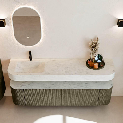 MONDIAZ THOR-DLUX Meuble de salle de bains - 180cm - arrondi gauche + droite - couleur Shadow - 2 tiroirs - 2 portes - Vasque suspendue CLOUD Gauche 1 trou de robinet - couleur Opalo