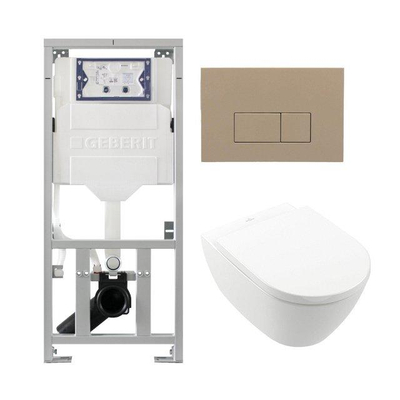 Villeroy Boch Subway 2.0 DirectFlush Pack WC suspendu - bâti-support Geberit - abattant softclose - plaque de commande QeramiQ taupe - boutons rectangulaires - blanc