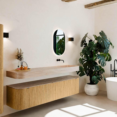 MONDIAZ THOR-DLUX 190cm badmeubel ronding links + rechts kleur Oak met 2 lades en 2 deuren. Vrijhangende wastafel CLOUD Rechts zonder kraangat kleur Saba.
