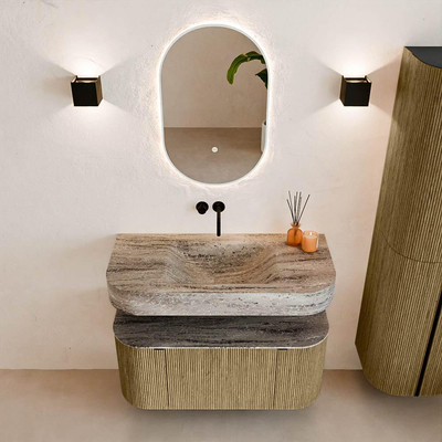 MONDIAZ THOR-DLUX 100cm meuble de salle de bains arrondi gauche + droite couleur Dusk avec 1 tiroir et 2 portes. Vasque suspendue CLOUD Milieu sans trou de robinet couleur Oza.