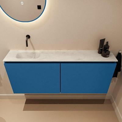 MONDIAZ TURE-DLUX Meuble toilette - 120cm - Jeans - EDEN - vasque Opalo - position gauche - sans trou de robinet