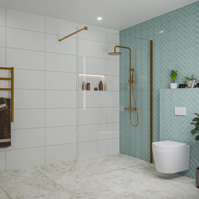 FugaFlow Eccelente Vetro inloopdouche badkamer - 140x200cm - helder glas - wandarm - geborsteld koper