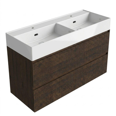 Saniclass Holz Atelier Ensemble de meubles de salle de bains - 120x45x72cm - lavabo Legend en céramique blanc - 2 vasques - 2 trous de robinet - 2 tiroirs - chêne charcoal mat (bois)