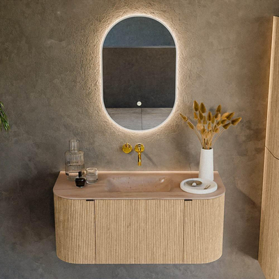 MONDIAZ KURVE-DLUX 100cm badmeubel ronding Links + Rechts kleur Oak met 1 lade en 2 deuren. Wastafel GRUNNE Midden zonder kraangat Saba.