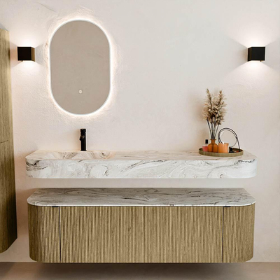 MONDIAZ THOR-DLUX 160cm meuble de salle de bains arrondi gauche + droite couleur Dusk avec 1 tiroir et 2 portes. Vasque suspendue CLOUD Gauche 1 trou de robinet couleur Glace.