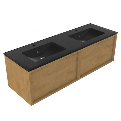 Saniclass Holz Frame Ensemble meuble de salle de bains - 140x45x42cm - lavabo Vygo en céramique noir - 2 vasques - 2 trous de robinetterie - 2 tiroirs - chêne natural mat (bois)