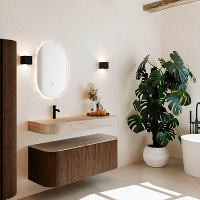 MONDIAZ THOR-DLUX 120cm meuble de salle de bains arrondi gauche + droite couleur Walnut avec 1 tiroir et 2 portes. Vasque suspendue CLOUD Gauche 1 trou de robinet couleur Saba.