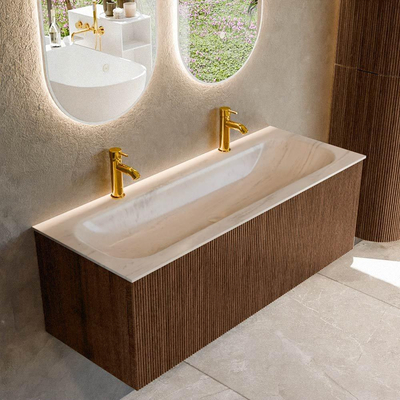 MONDIAZ KURVE-DLUX 120cm badmeubel kleur Walnut met 1 lade en 0 deuren. Wastafel BIG LARGE Midden 2 kraangaten Meli.